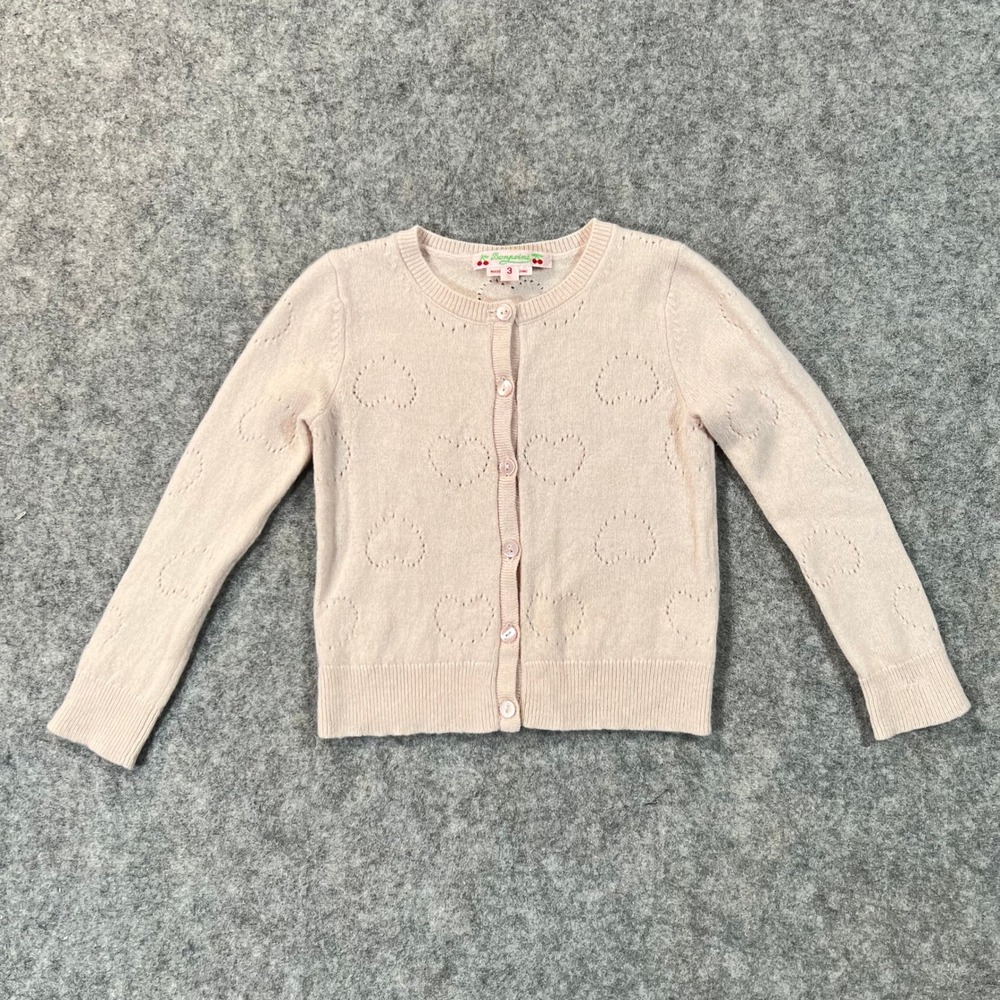 Bonpoint Cardigan Girls 3 Pink 100% Cashmere Heart Pointelle Knit Sweater